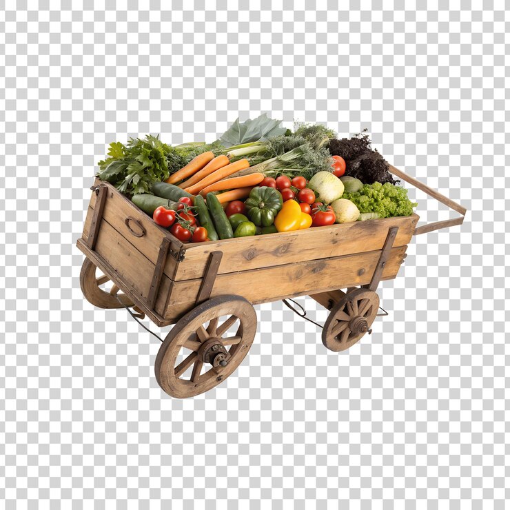 PSD carrito de madera con la cosecha de verduras en un fondo transparente