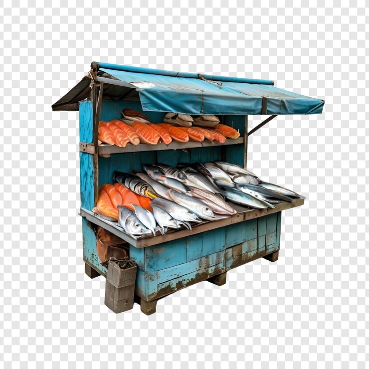 PSD carrito de pescado de madera rústico puesto en el mercado de mariscos de salmón fresco