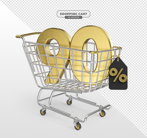 Carrito de supermercado con un número del 90 por ciento en renderizado 3d realista con fondo transparente