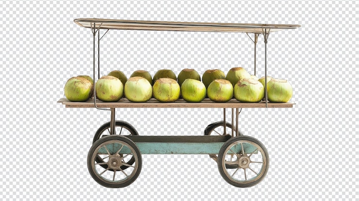 PSD un carrito vintage lleno de cocos frescos exhibido en un concurrido mercado bajo la brillante luz del sol por la tarde