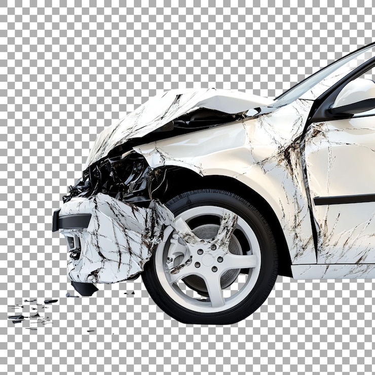 PSD carro branco da png danificado em acidente de trânsito contra um fundo transparente