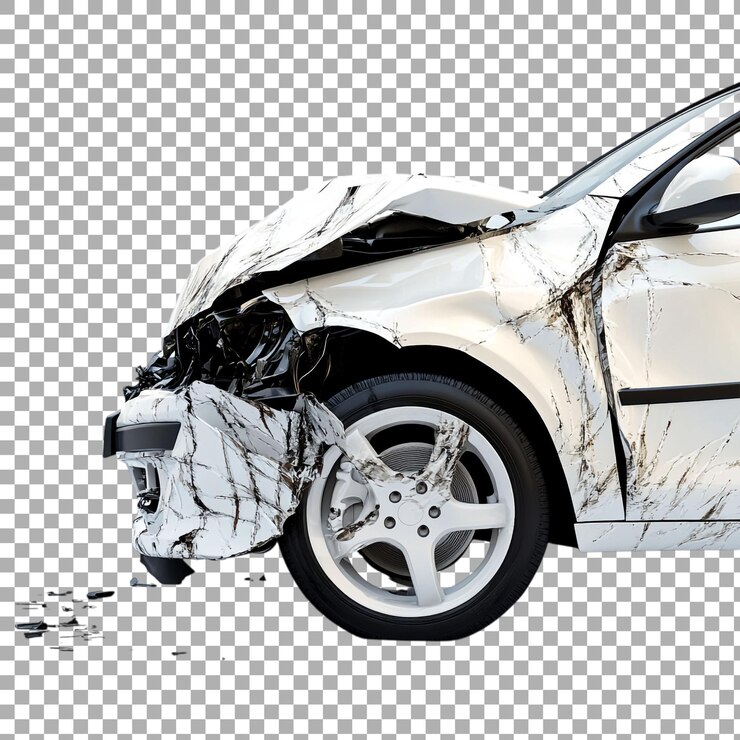 PSD carro branco da png danificado em acidente de trânsito contra um fundo transparente