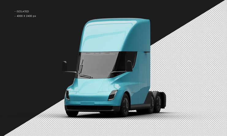 PSD carro camión semi-eléctrico totalmente eléctrico de color azul metálico realista aislado desde el ángulo delantero izquierdo