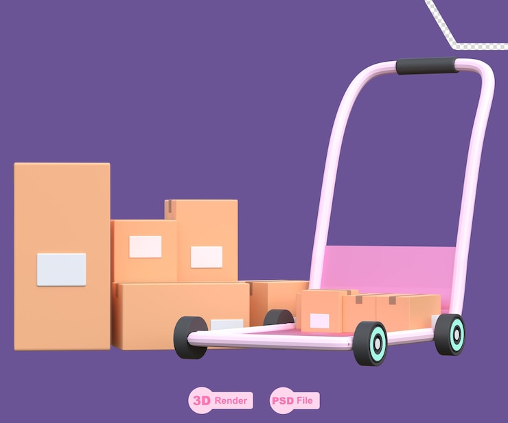 PSD carro de carga de ilustración de renderizado 3d con diseño de fondo de entrega de cajas
