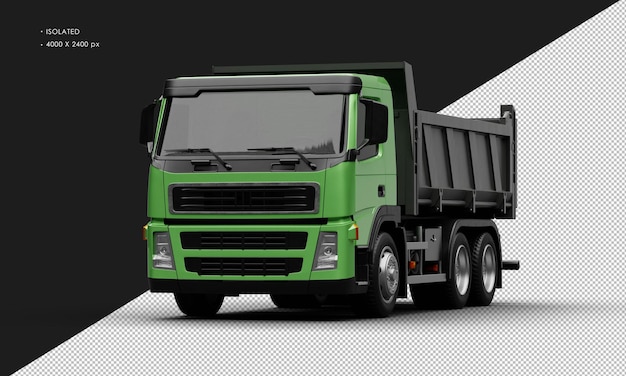 Carro de carga pesada metálico verde realista aislado desde el ángulo delantero izquierdo