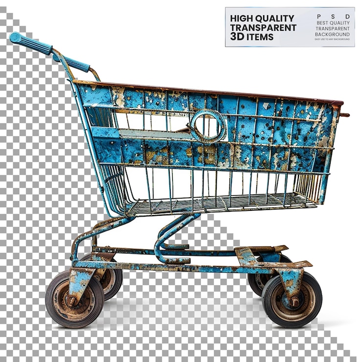 PSD el carro de comestibles motorizado azul sucio png en un fondo transparente