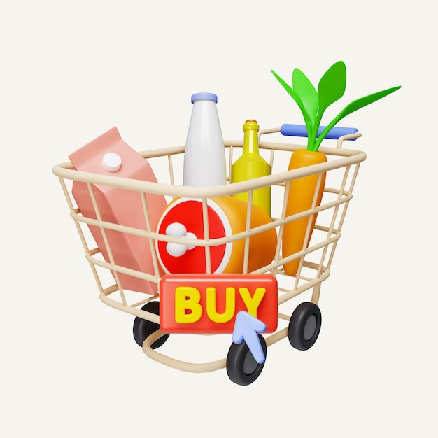 Carro de la compra 3D y comida con botón de compra concepto de entrega de comida del icono de la tienda en línea aislado sobre fondo blanco ilustración de representación 3d Trazado de recorte