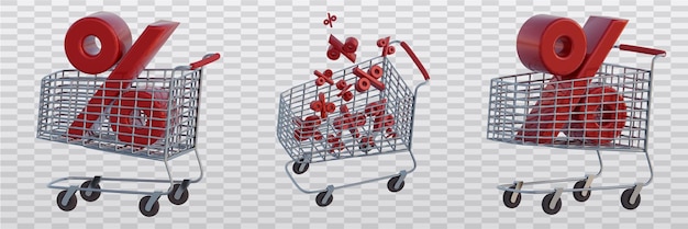 Carro de la compra en una representación 3d de fondo transparente