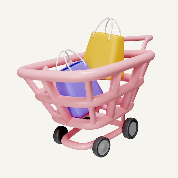 PSD carro de compras 3d con bolsa de compras para compras en línea e icono de marketing digital aislado sobre fondo blanco ilustración de representación 3d trazado de recorte