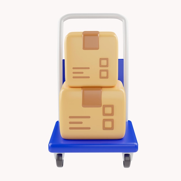 PSD carro de compras 3d y caja de cartón concepto de entrega rápida de la tienda en línea entrega de paquetes de logística de envío caja de carga icono de diseño creativo de dibujos animados aislado sobre fondo blanco representación 3d