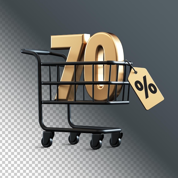 Carro de compras con 70 por ciento de descuento Número de representación 3D aislado con fondo transparente