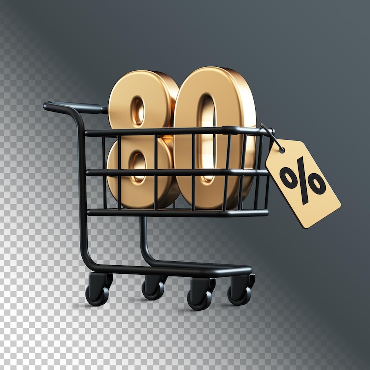 PSD carro de compras con 80 por ciento de descuento número de representación 3d aislado con fondo transparente