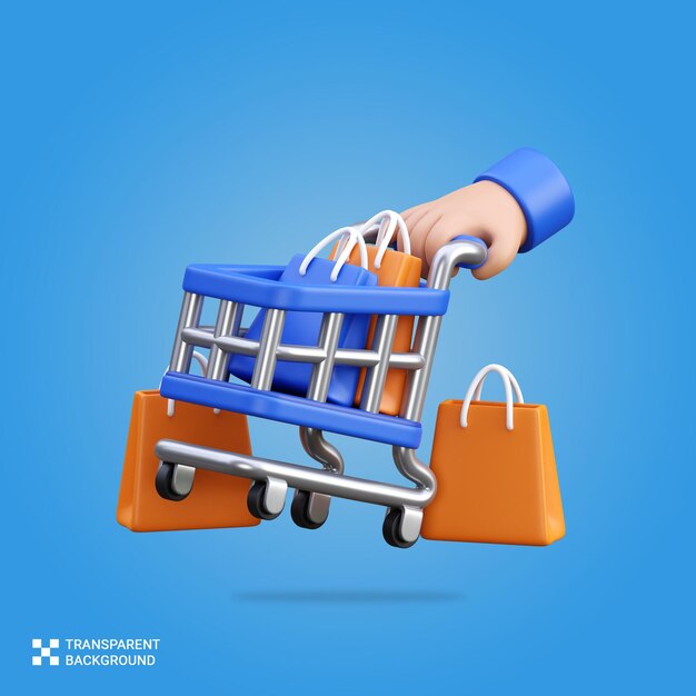 un carro de compras azul con una bolsa que dice mano en el carro de compras