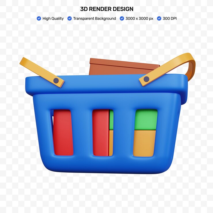 PSD carro de compras azul de renderizado 3d con el contenido de la caja de compras aislado