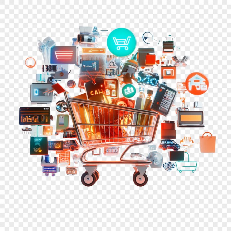 PSD un carro de compras con un carrito de compras y un carro de tiendas con un letrero que dice compras en él