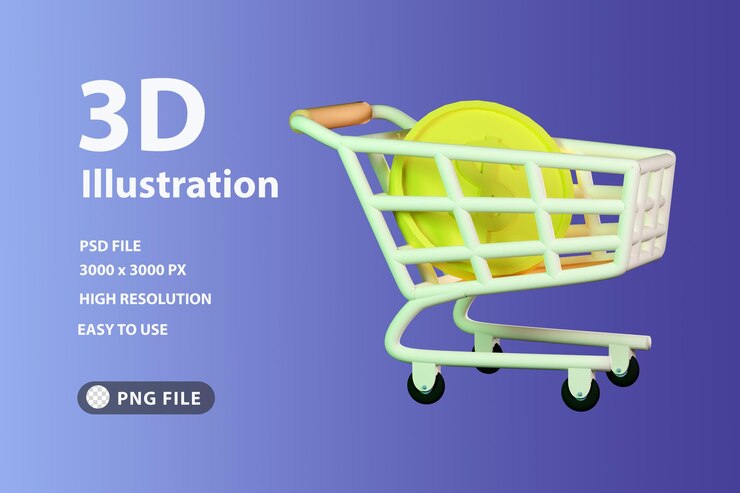 PSD carro de compras de icono de render 3d con moneda de dólar