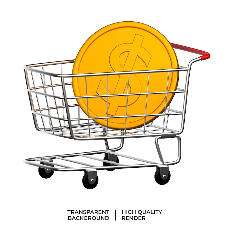 PSD carro de compras psd con moneda 3d render ilustración sobre fondo transparente