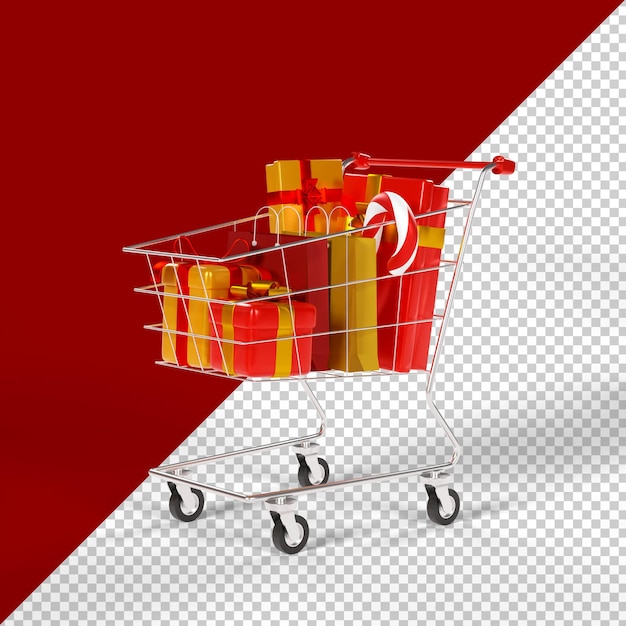 PSD carro de compras con regalo de navidad aislado 3d render