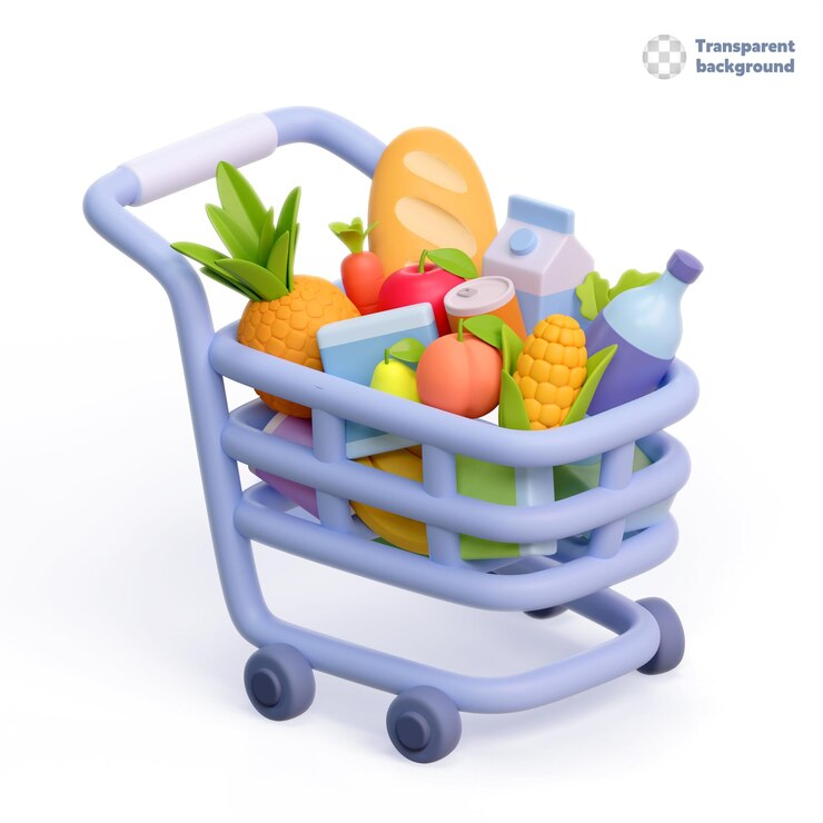 PSD carro de compras de supermercado de ilustración 3d con abarrotes