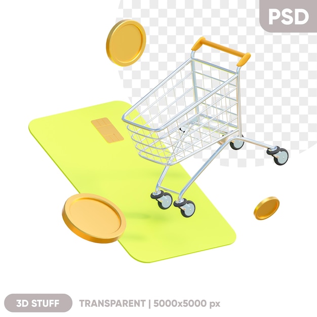 Carro de compras con tarjeta bancaria y monedas de oro en una ilustración 3d de fondo transparente para compras minoristas y finanzas