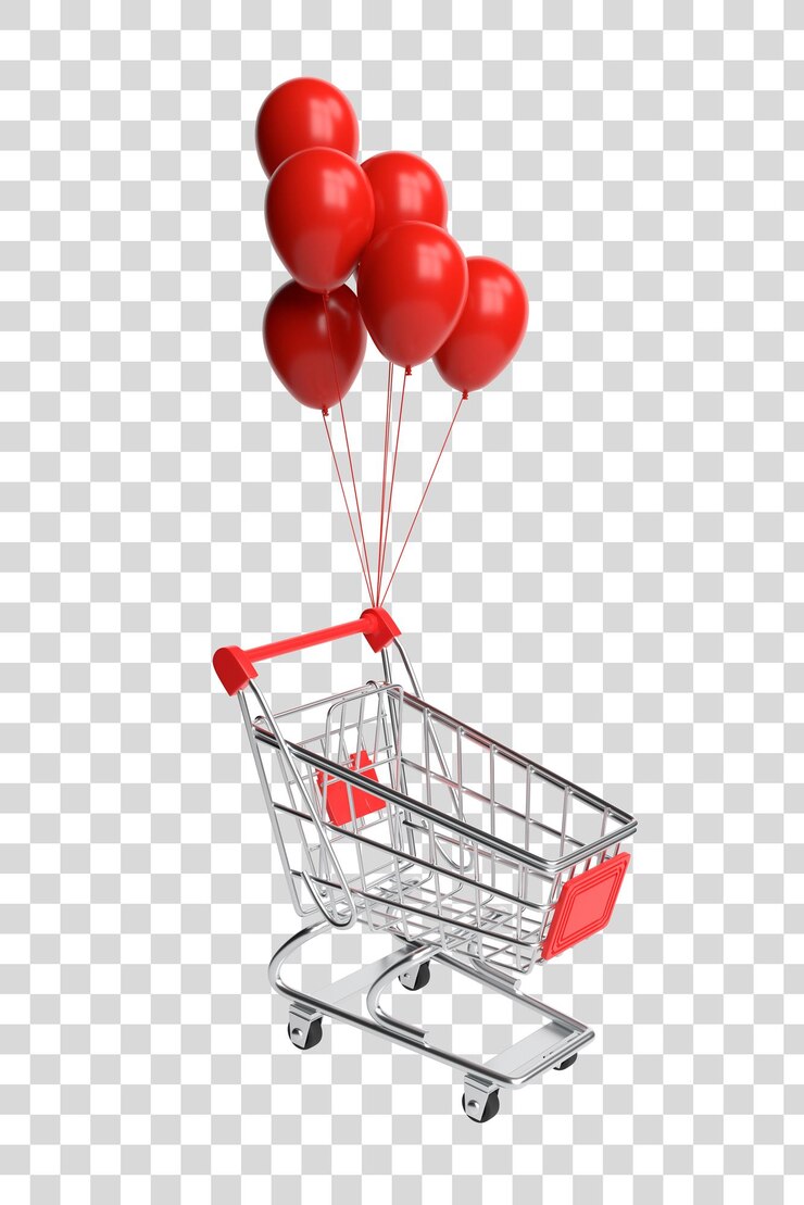 PSD carro de compras volador con globos sobre fondo blanco carro de compras carro de compras 3d render