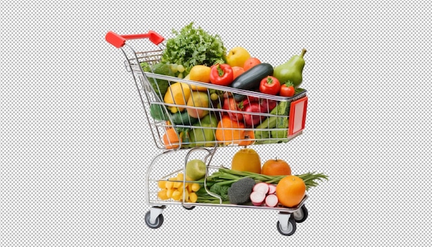Carro de compras cheio de frutas e legumes para jantares em família
