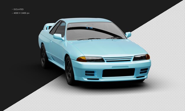 Carro de corrida esportivo clássico azul metálico isolado realista da vista de ângulo frontal direito