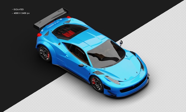 Carro de corrida superesportivo moderno azul metálico realista isolado da vista frontal superior direita