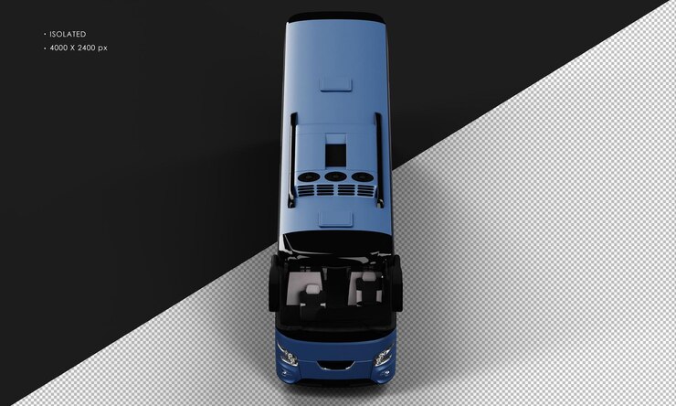 PSD carro de ônibus urbano azul fosco realista isolado da vista frontal superior