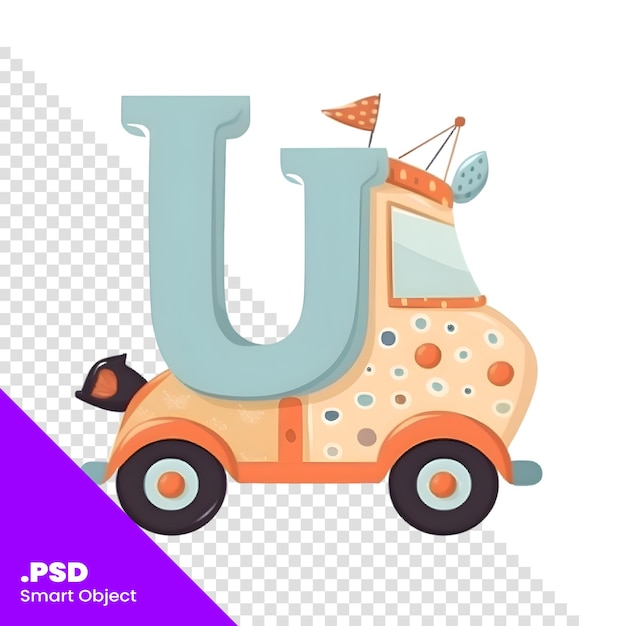 Carro de dibujos animados con la letra mayúscula u plantilla psd de ilustración vectorial