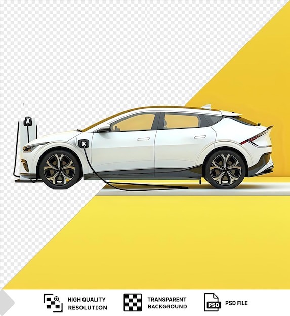 PSD carro elétrico branco em um ponto de carregamento com uma parede amarela no fundo e uma janela de vidro no primeiro plano png psd