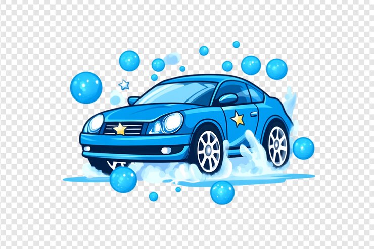 PSD carro esportivo azul com ilustração de bolhas de sabão brilhantes em um fundo transparente
