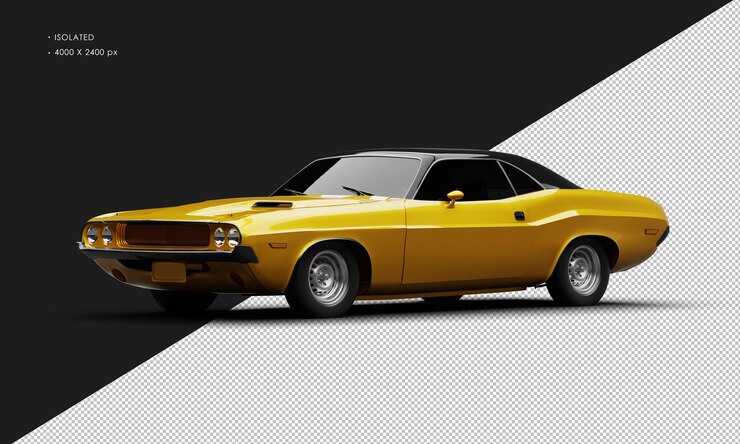 PSD carro esportivo clássico de músculo isolado metálico laranja realista da vista dianteira esquerda