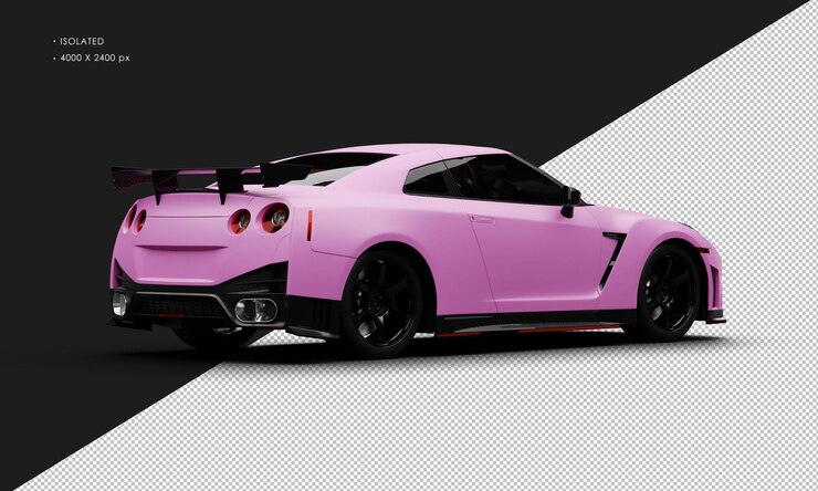 PSD carro esportivo de luxo isolado e realista, cor-de-rosa mate, visto da direita para trás
