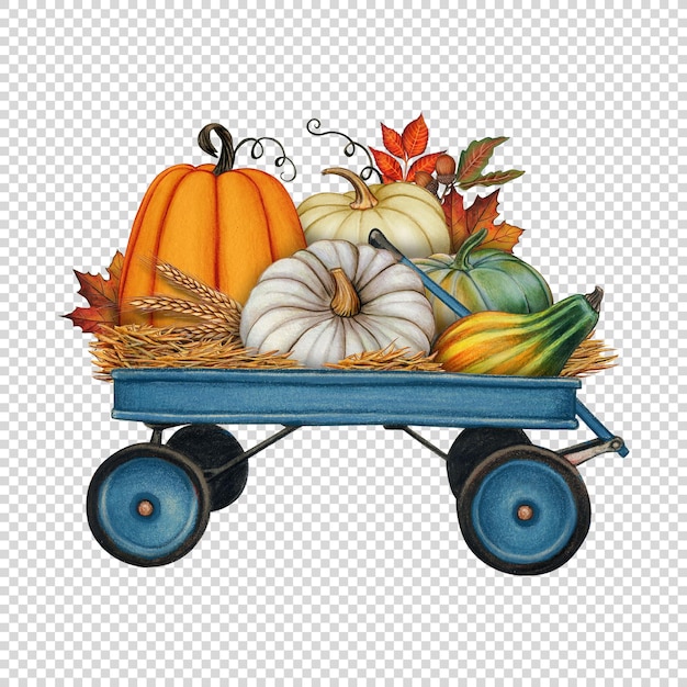 carro de jardín de calabazas dibujado a mano en acuarela