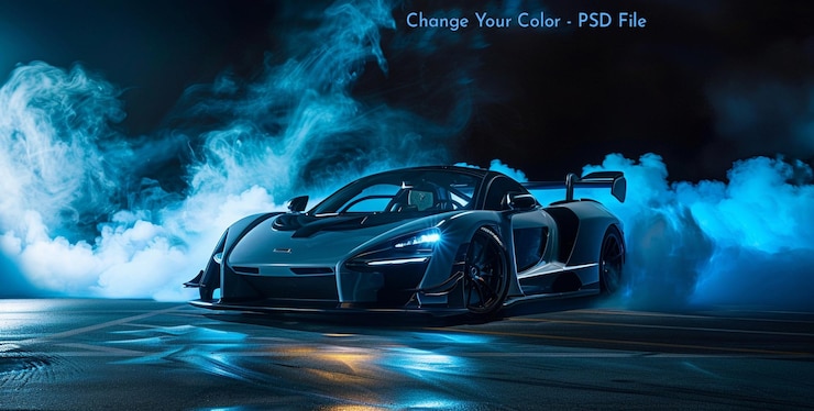 PSD carro mclaren senna prateado e preto com fumaça azul saindo por trás dele com fundo escuro