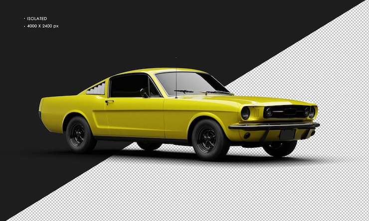 PSD carro muscular clássico isolado metálico amarelo realista da vista dianteira direita