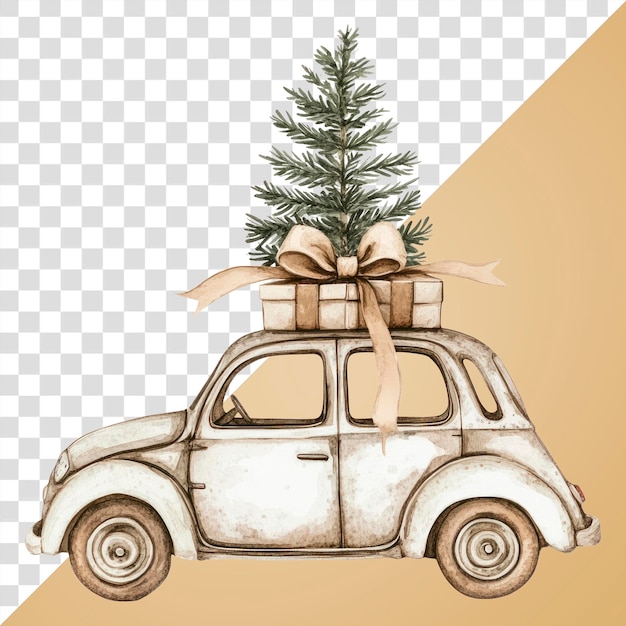 Carro de PNG con un árbol de Navidad en el techo ilustración navideña acuarela