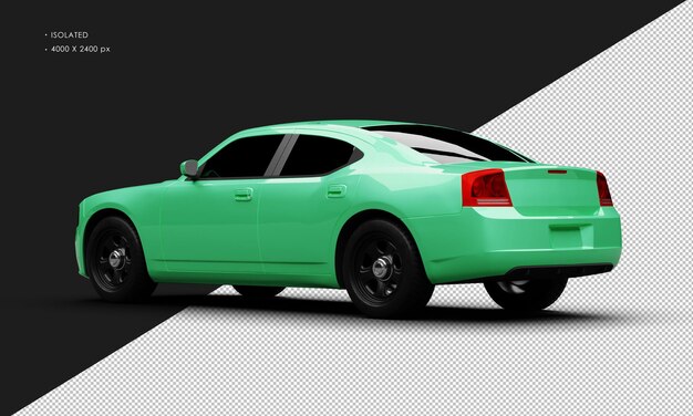Carro sedã esporte moderno verde realista isolado da vista traseira esquerda
