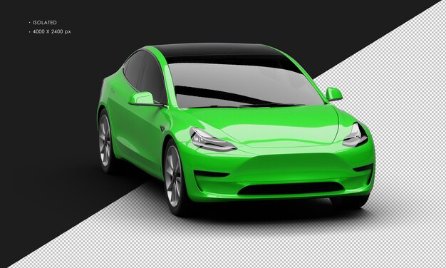 Carro sedan elétrico moderno verde brilhante realista isolado da vista de ângulo frontal direito