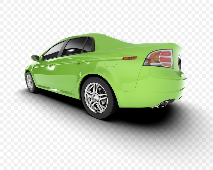 PSD carro sedan verde com rodas cromadas e um design elegante