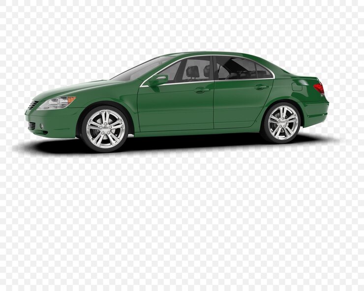 PSD carro sedan verde com rodas de liga leve em vista isolada