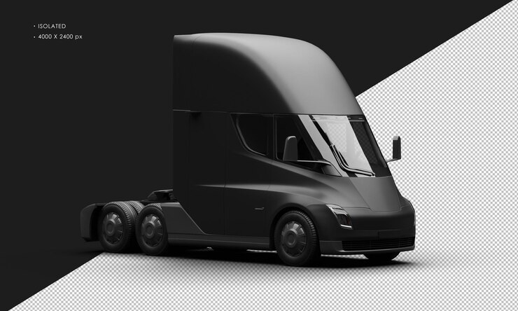 PSD carro semi-caminhão totalmente elétrico preto fosco realista isolado da vista frontal direita