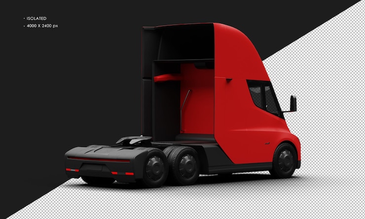 PSD carro semi-caminhão totalmente elétrico vermelho fosco realista isolado da vista traseira direita