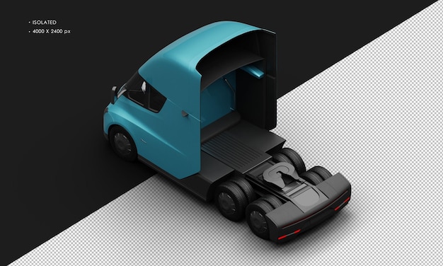 Carro semi-carretero totalmente eléctrico de color azul metálico realista aislado desde la parte superior izquierda de la vista trasera