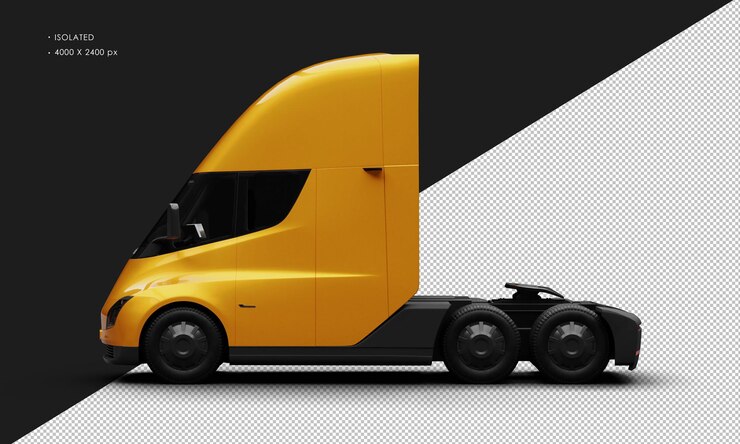 PSD carro semi-carretero totalmente eléctrico metálico naranja realista aislado desde la vista lateral izquierda
