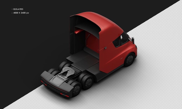 Carro semi-carretero totalmente eléctrico metálico rojo realista aislado desde la parte superior derecha de la vista trasera