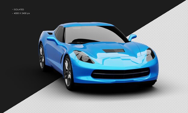 Carro superesportivo de luxo azul metálico realista isolado da vista de ângulo frontal direito