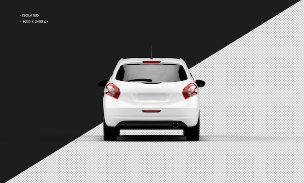 Carro urbano pequeno, realista, brilhante, branco, metálico, isolado, da vista traseira