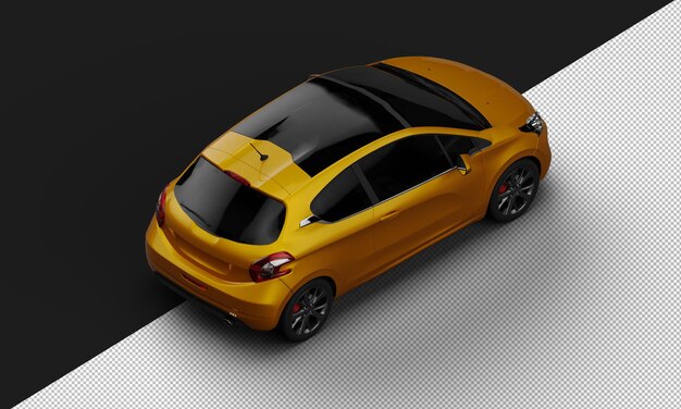 Carro urbano pequeno, realista, brilhante, laranja, metálico, isolado, da vista traseira superior direita